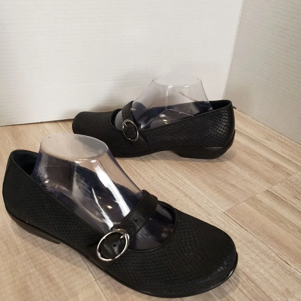 Dansko Orla Mary Jane Comfort Shoes Buckle Flats Black Snakeskin SZ 9